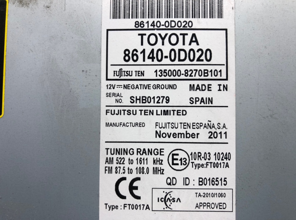 Магнитола бу для Toyota Yaris XP130 1.3 i, 2011 г. контрактный из Европы бу